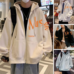 2026 Drawstring Hooded Casual Versatile Sweatshirt for Men Ins Hong Kong Style Letter Print Zip-Up Jacket Top