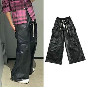 Original RO style metal loose wide-leg leather pants multi-pocket workwear straight-leg casual drawstring legs floor pants men's trendy
