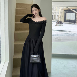 
instunning Hepburn style black lace one-shoulder dress women's new autumn and winter design waist long skirt