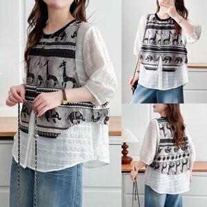 
Large size fat mm design fake two-piece half-sleeved shirt for women summer thin fashion versatile top 772