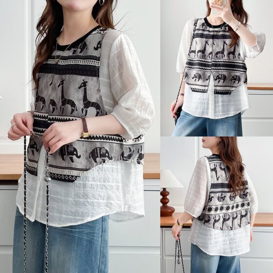 
Large size fat mm design fake two-piece half-sleeved shirt for women summer thin fashion versatile top 772
