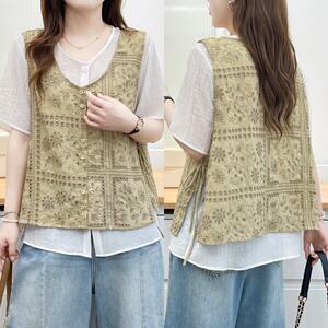 
Large size fat mm foreign style hollow embroidery versatile fake two-piece shirt for women summer new loose slimming top 595