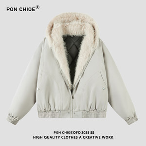 
ponchioe winter fur collar mountain sculpture warm cotton coat for men 2025 American loose couple versatile thickened cotton coat