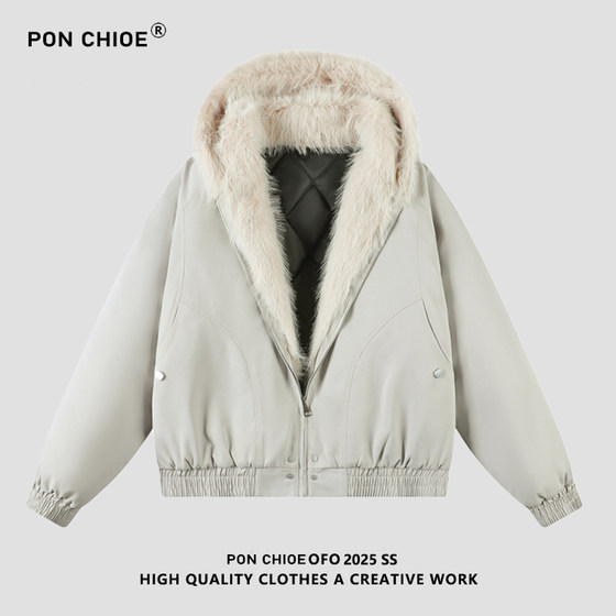 
ponchioe winter fur collar mountain sculpture warm cotton coat for men 2025 American loose couple versatile thickened cotton coat