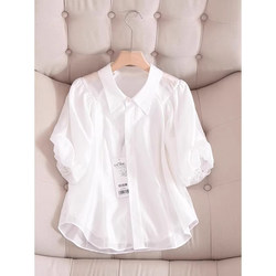 White Chiffon Shirt for Women, Spring and Autumn 2026 New Style, Summer Elegant Top, Short-Sleeve Blouse with Puff Sleeves