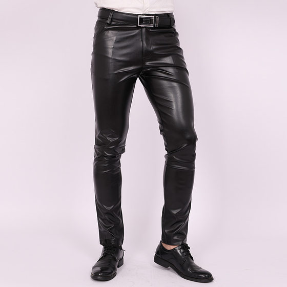 Men's elastic tight -fitting pants spring and summer season Korean version without velvet slim motorcycle leather pants big size black PU leather trousers
