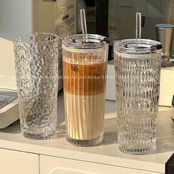 Japanese Imported High-Quality Transparent Coffee Iced Americano Glass Cup, Large Capacity with Lid and Straw, Office Water Cup