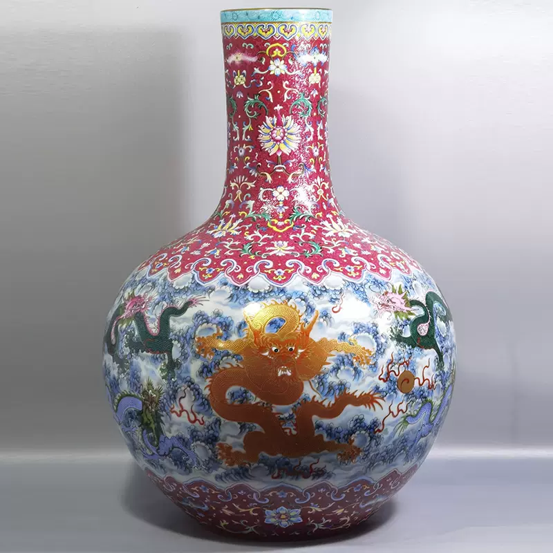 多寶屋】ND330下図ある□中国古美術 陶磁器 琺瑯彩描金雲龍図天球瓶