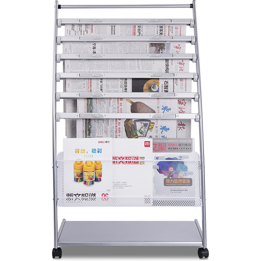 雑誌・新聞ラック Deli 9303 ステンレス製新聞ラック（キャスター付き）