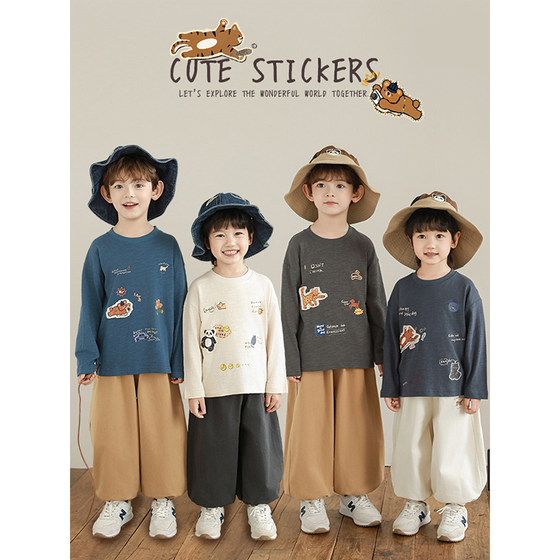 
Youyou Boys' Spring New Long Sleeve Round Neck Cartoon T-shirt Casual Loose Children's T-Teat Handsome Fashionable Set