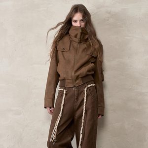 
VIAPITTI 25AW High-end short spliced PU leather jacket American washed distressed retro wide-leg pants