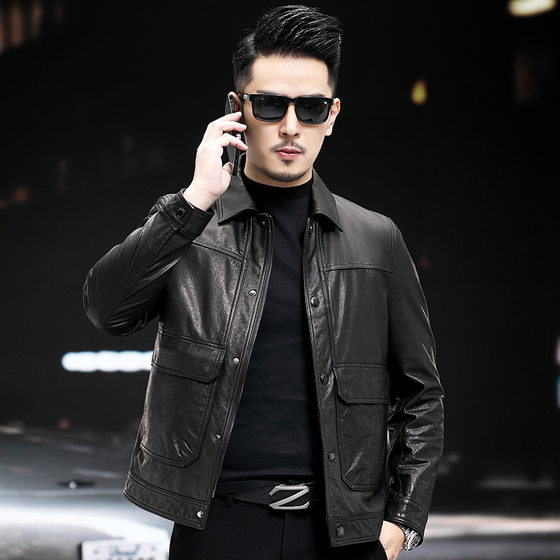 
Haining Factory Genuine Leather Jacket Men's First Layer Cowhide Oil Waxed Short Slim Down Down Liner Leather Jacket New