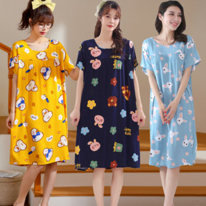 Korean version extended cotton and silk nightdress Women's short -sleeved increase pajamas summer artificial cotton loose and comfortable home service