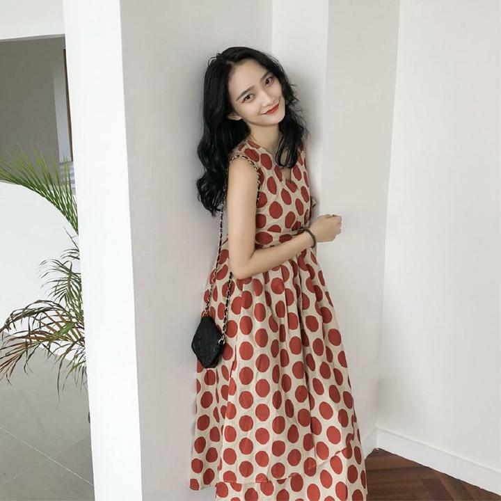 复古波点法式显瘦连衣裙,v领复古超仙桔梗裙