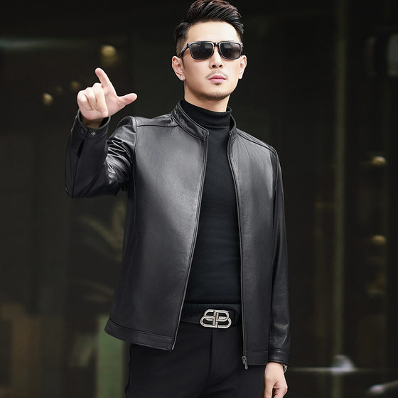 
Haining genuine leather jacket for men plus size 2026 new top layer cowhide daddy stand-up collar leather jacket