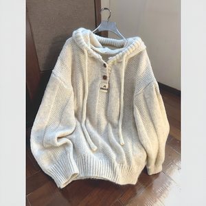 
2024 autumn and winter versatile hooded sweater Korean style loose lazy style soft glutinous thick drawstring knitted sweatshirt top for women