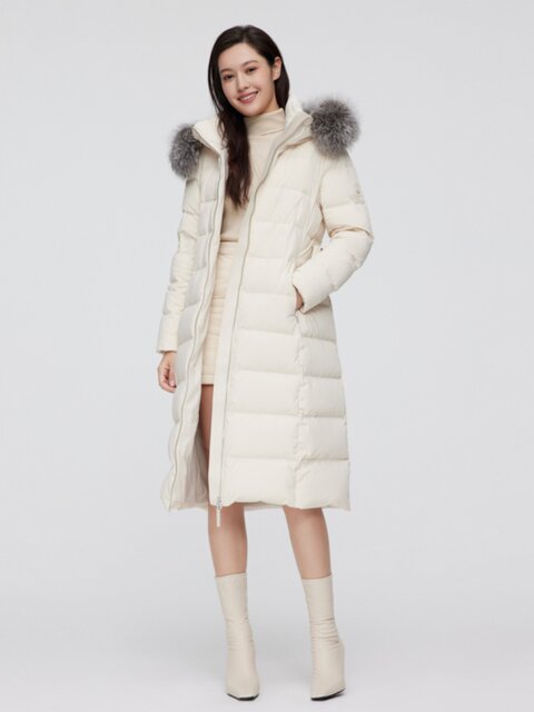 Bosideng Outlet women's long hooded classic business fur collar belt design slim down jacket