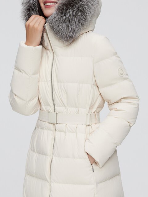 Bosideng Outlet women's long hooded classic business fur collar belt design slim down jacket