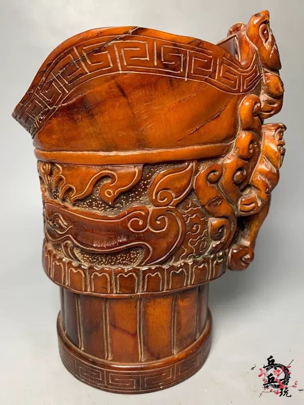 ◆古風堂◆中国 民藏 牛角双環瑞獣酒杯 彫刻 置物 美術