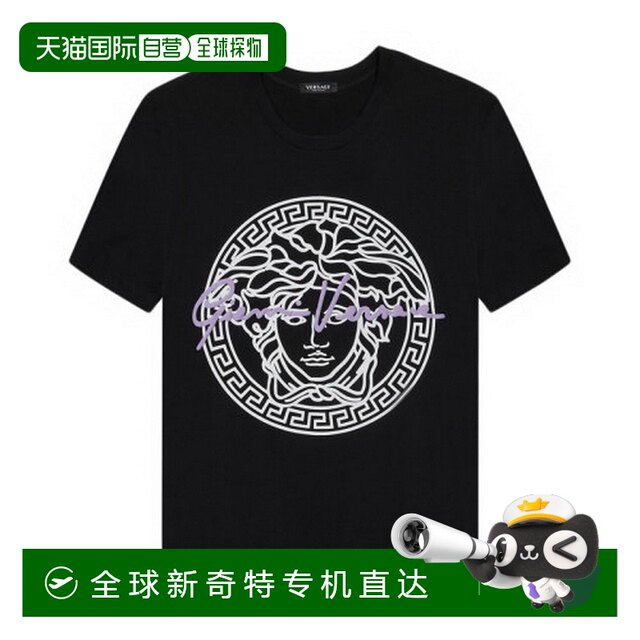 Hong Kong Direct Mail Versace Verser/Women's Black Merdustus pattern round neck fashion versatile short -sleeved T -shirt
