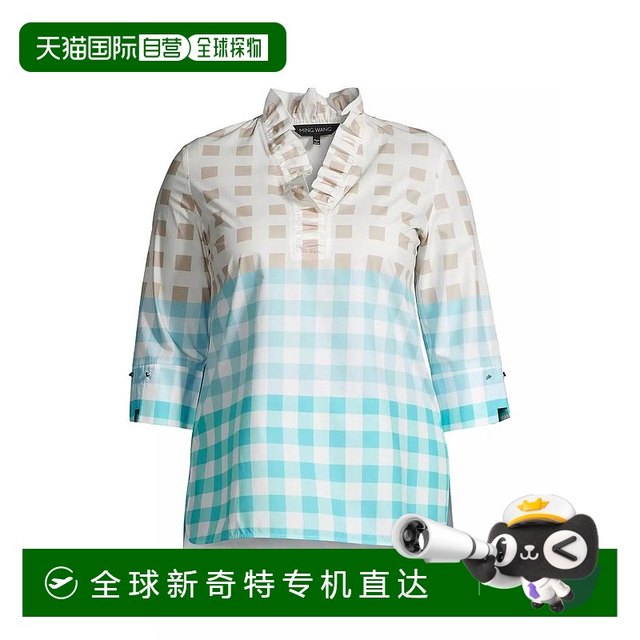 Ming Wang Ms. Shirt Wochoat Seven -point sleeve lace plaid cotton cotton cotton

