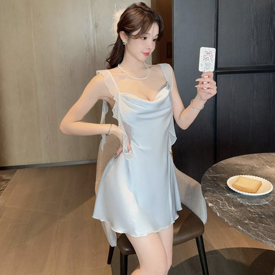 
Suspender nightgown for women summer 2025 new style streamer blue satin pure lust wind ice silk high-end pajamas with breast pads