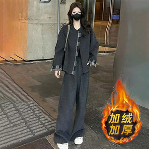 
Velvet thickened warm jacket high-waisted wide-leg pants suit for women 2025 autumn and winter high-end fashion two-piece set