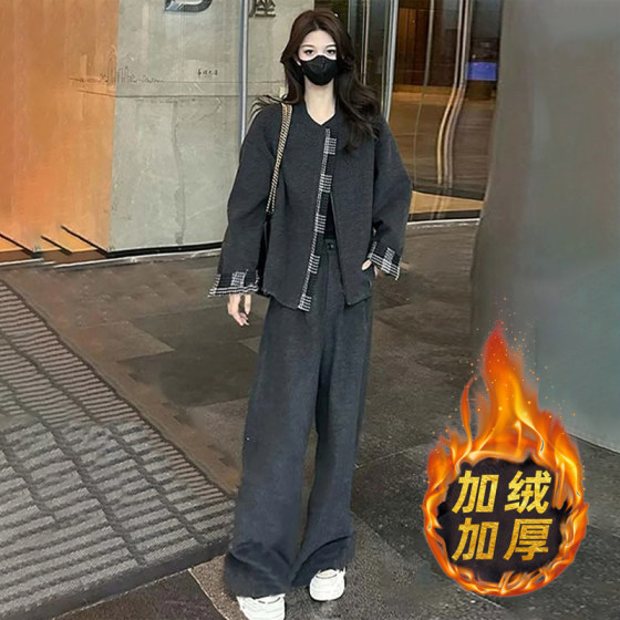 
Velvet thickened warm jacket high-waisted wide-leg pants suit for women 2025 autumn and winter high-end fashion two-piece set