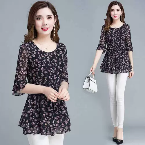 Летний шифоновый корсет, длинная футболка, цветочный принт, короткий рукав, средней длины, большой размер