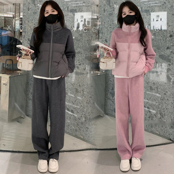 
2024 autumn and winter new style wool casual sports suit for women's spliced ​​down jacket wide-leg pants two-piece set