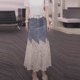 European lace spliced ​​denim skirt for women in 2025 summer hot high waist irregular fake two-piece midi skirt
