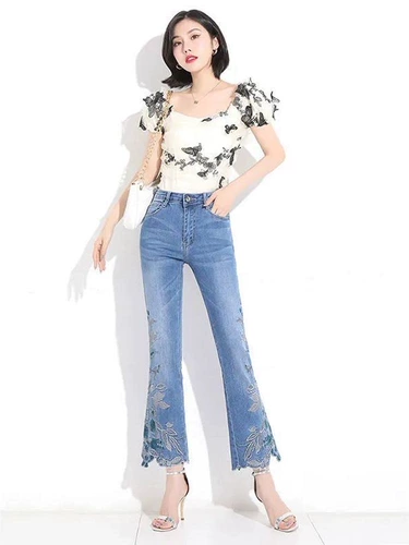 Летний китайский мегафон, джинсы, штаны, китайский стиль, высокая талия, с вышивкой, 2023, по фигуре