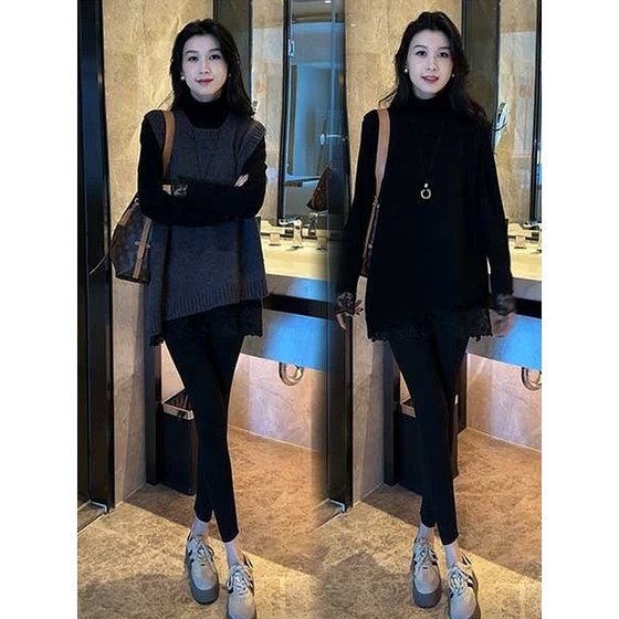 
New autumn and winter style irregular hem sleeveless knitted vest suit lace black long-sleeved bottoming shirt two-piece set