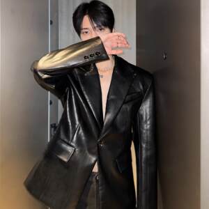 
Men's clothing, gender-free slim fit shaping leather suit jacket, youth basic casual retro warm imitation leather