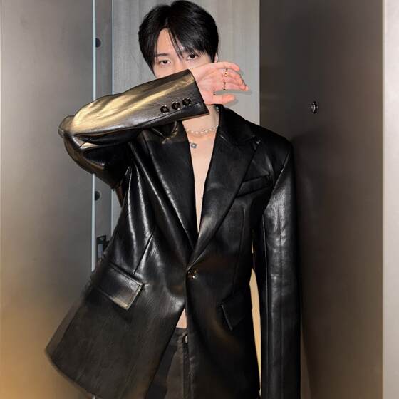 
Men's clothing, gender-free slim fit shaping leather suit jacket, youth basic casual retro warm imitation leather