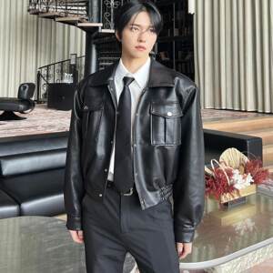 
High-end leather jacket men's spring and autumn 2026 new trendy brand handsome American high street shoulder pad motorcycle suit pu leather jacket