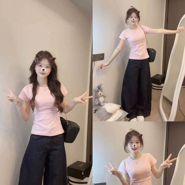 Korean pink front shoulder round neck short-sleeved T-shirt for women in summer 2025 new basic retro slim short top