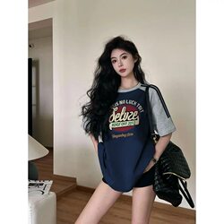 American-Style Navy Blue Raglan Short-Sleeve T-Shirt for Women, 2025 Summer New Popular Loose Retro Niche Half-Sleeve Top