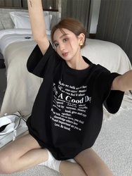 American-Style Spicy Girl Black Pure Cotton Casual Short-Sleeve T-Shirt for Women, Plus-Size Loose and Lazy Hong Kong Style Mid-Length Top