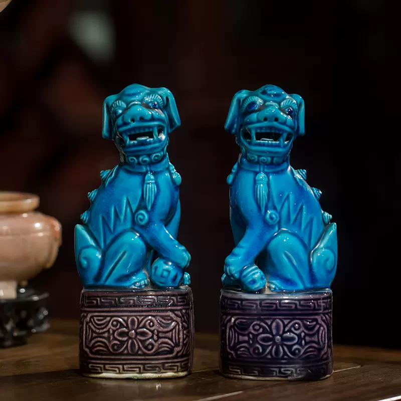 雅然文化】清代炉钧釉狮子（一对）文玩古董瓷器收藏狮子摆件-Taobao