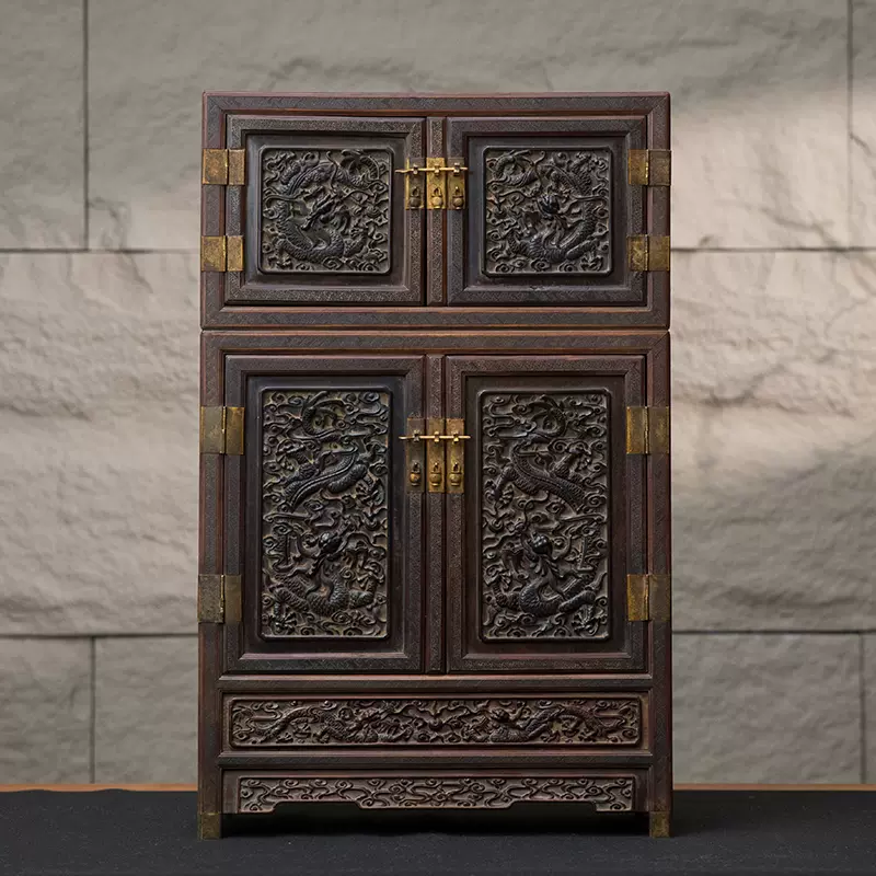 清中期紫檀嵌银丝雕云龙纹顶箱柜摆件古玩古董收藏