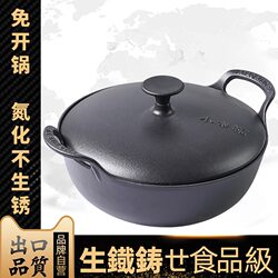 Export Cast Iron Pot with Iron Lid, Nitrided Iron Pot, Non-Stick, Household Uncoated Porridge Pot, Multi-Functional Frying Pan, Stew Pot