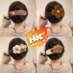 Super Cute Flower Duckbill Clip Large Hairpin for Back-Of-Head Updo New Autumn and Winter Plush Christmas Bear Hair Accessory