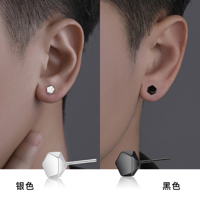 999 sterling silver ear piercing geometric earrings for men's trendy personality handsome black earrings niche earrings earrings