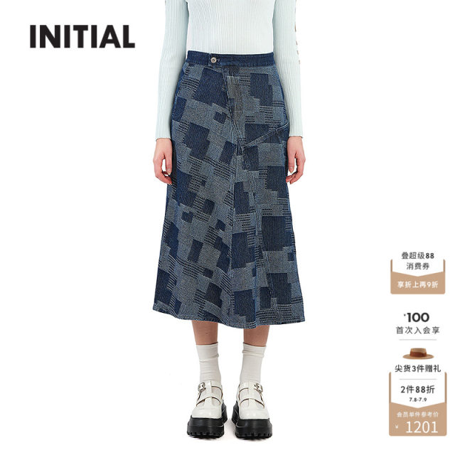 
INITIAL25 spring and summer new irregular spliced ​​denim skirt for women VV555