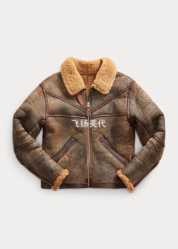 RRL Leather-Trim Shearling Jacket 爆裂皮毛一体皮衣羊毛外套-Taobao