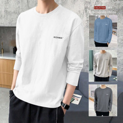 100% Pure Cotton Long-Sleeve T-Shirt for Men, Summer Thin Style, Breathable, Sweat-Absorbent, Fashionable, Trendy, Handsome, Versatile, Round-Neck Base Shirt