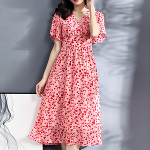 
Pink girl love print V-neck lotus leaf sleeve chiffon dress with long high waist large skirt flowing fairy skirt