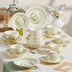 Ceramic Bowl and Plate Set for Home Use, Fresh Floral Tableware, Complete Set, Housewarming Gift, Bowl and Plate Combination, Underglaze Color