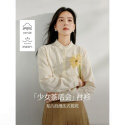 Yinman French-Style Pure Cotton Lace Stand-Up Collar Shirt for Women, 2026 Spring New Commuter Inner Wear, Elegant Jacquard Shirt